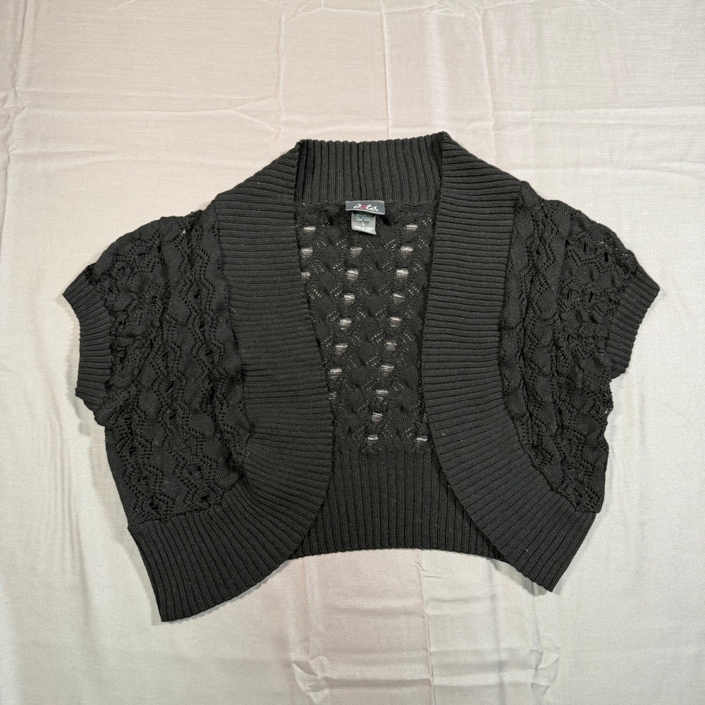 Dots Black Open Knit Shrug Cardigan Cropped Cap Sleeve Crochet Bolero Large